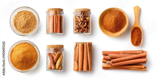 Obraz na płótnie Assorted colorful spices in glass jars arranged on a white surface with bright natural lighting. w salonie