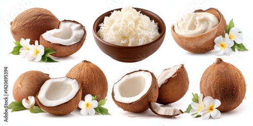 Fresh coconuts and creamy coconut milk with tropical flowers on a clean white background.