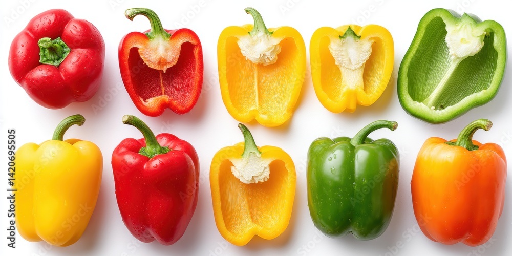 Close-up of colorful fresh peppers on a white background, showcasing red, yellow, and green varieties with smooth skin.