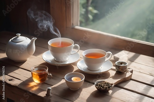 Wallpaper Mural Calm Morning Moment with Tea on Wooden Table – Minimalist Lifestyle Torontodigital.ca