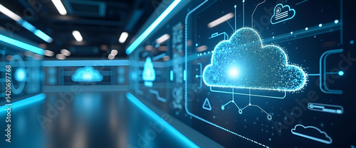 Image capturing the expansive cloud computing industry through state of the art digital facilities and innovative IT services fostering global market expansion in  Photo Stock  Concept  and empty spac