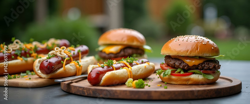 Artistic Presentation of Gourmet Hot Dogs and Hamburgers on Upscale Platters in a Refined Backyard Setting - Culinary Creativity and Casual Dining Concept with Empty Space