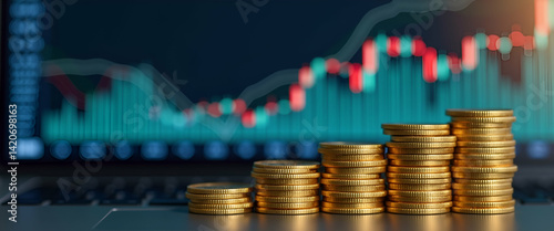 Stacked gold coins reflecting on table with financial stock market graph background concept as Stacked gold coins reflecting on a table with a financial stock market graph in the background in  Photo 