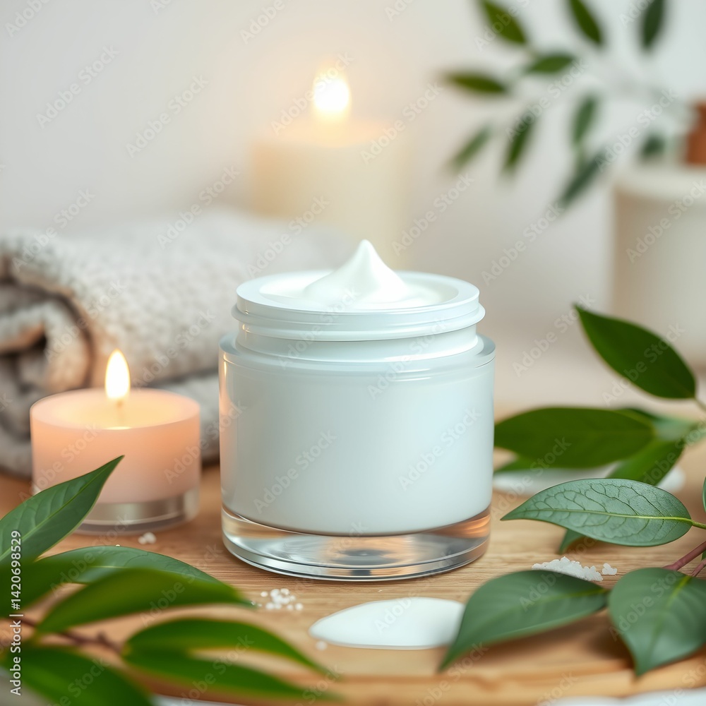 Spa-like setting, white ceramic jar with cream, glowing candles, soft lighting, green leaves, tranquil atmosphere, natural elements, self-care products, minimalist composition, soothing colors Spa-like setting, white ceramic jar with cream, glowing candles, soft lighting, green leaves, tranquil atmosphere, natural elements, self-care products, minimalist composition, soothing colors