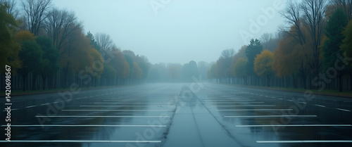 Empty parking lot under rain with misty trees in background creating serene and moody atmosphere in Photo Stock Concept with empty space on the left side.