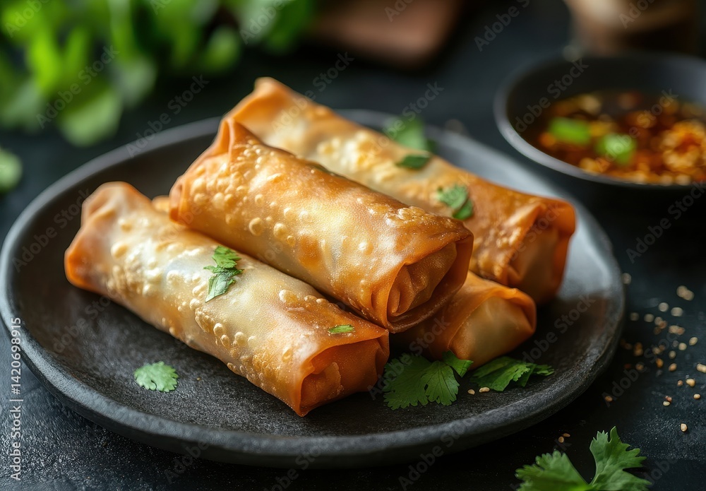 Crispy Spring Rolls Filled with Fresh Vegetables Served on a Dark Plate with a Tangy Dipping Sauce and Garnished with Fresh Green Herbs Crispy Spring Rolls Filled with Fresh Vegetables Served on a Dark Plate with a Tangy Dipping Sauce and Garnished with Fresh Green Herbs