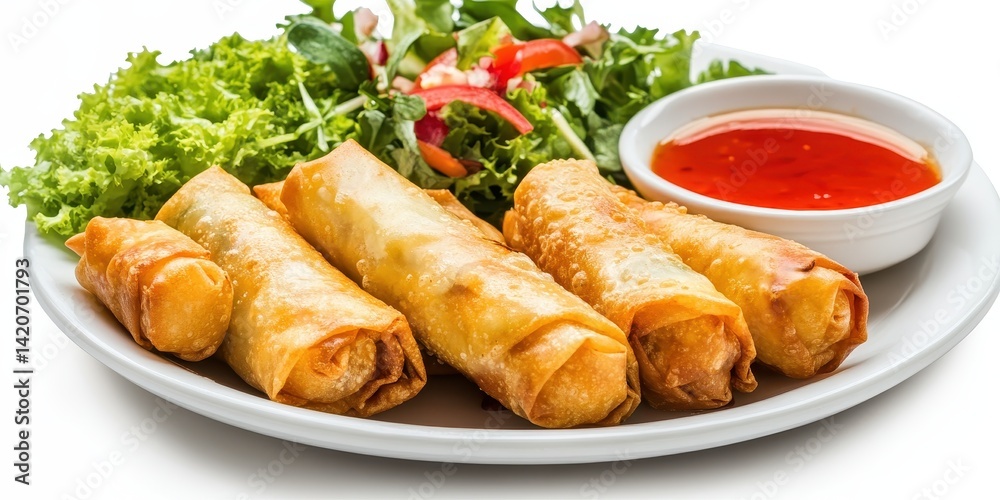Crispy spring rolls served with fresh salad and sweet chili sauce on a white plate, perfect for culinary displays and food blogs Crispy spring rolls served with fresh salad and sweet chili sauce on a white plate, perfect for culinary displays and food blogs