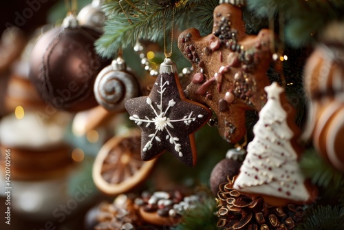 Festive decorated gingerbread cookies on a Christmas tree.