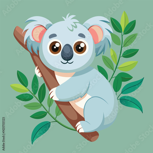 A fluffy koala clings to a eucalyptus branch.
