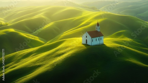 Small church on rolling hills bathed in morning light. Lush green landscapes, gentle slopes, serene rural scene