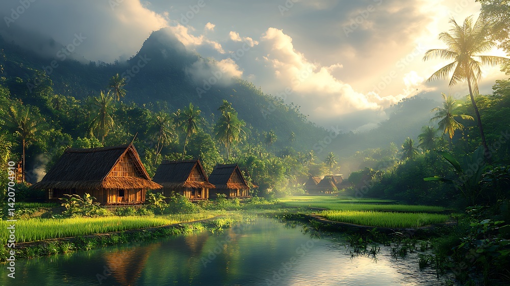 Fototapeta premium Lush Tropical Village Photo With Rice Fields And Mountain Backdrop On A Sunny Morning