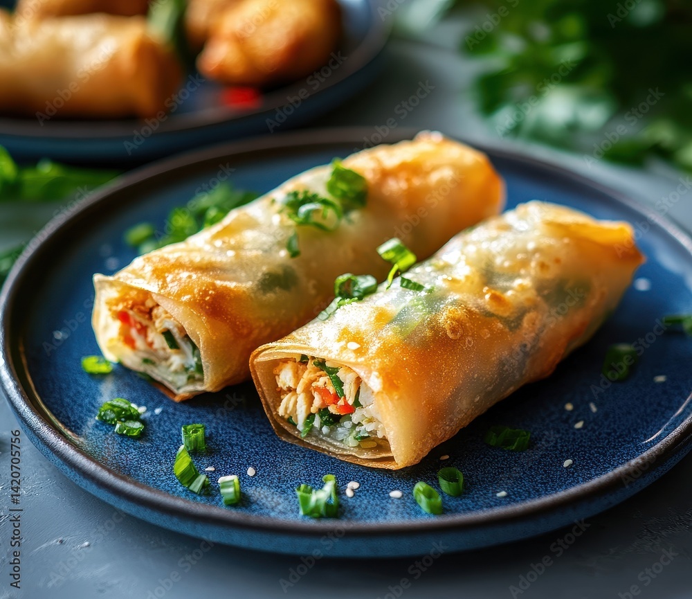 Delicious and Crispy Spring Rolls Filled with Fresh Vegetables and Savory Ingredients on a Stylish Plate with Green Garnish Delicious and Crispy Spring Rolls Filled with Fresh Vegetables and Savory Ingredients on a Stylish Plate with Green Garnish