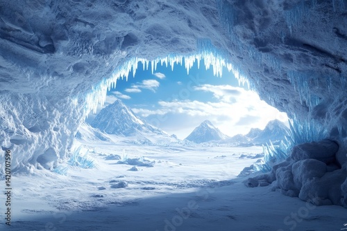 Frozen cave opening to a majestic snowy landscape