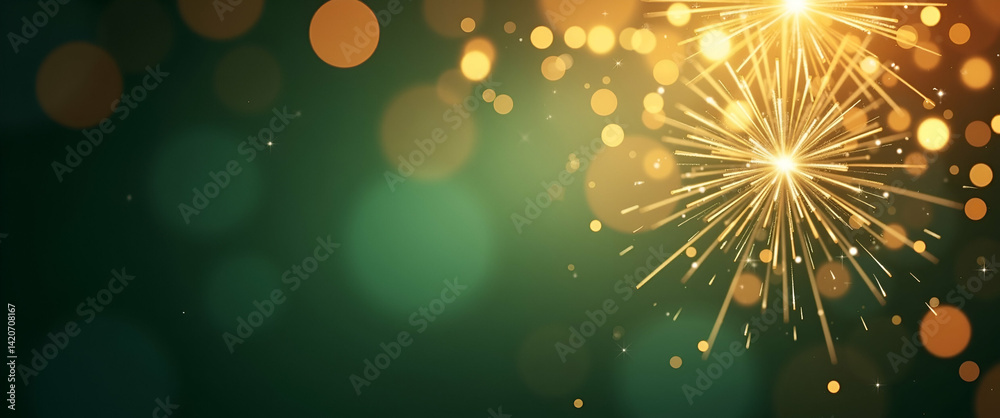 Obraz premium Vintage Gold and Green Fireworks with Bokeh Effects: Elegant New Year Eve Abstract Background for Holiday Concepts with Empty Space on the Left
