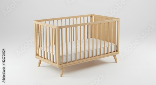 Modern Wooden Baby Crib with White Mattress on White Background