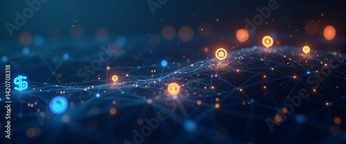 Contemporary Wallpaper Design: Abstract Visuals of Global Stablecoin Adoption with Digital Coin Icons, Interconnected Network Lines, and Ample Empty Space for Corporate Media