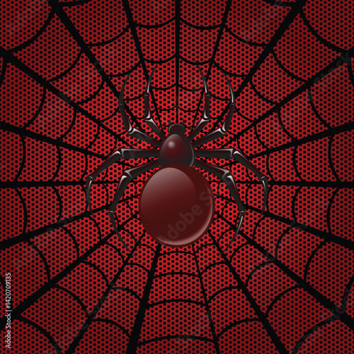 High-Resolution Vector Illustration of a Detailed and Realistic Spider Crawling on Intricate Web Strands with Shadow and Texture Effects