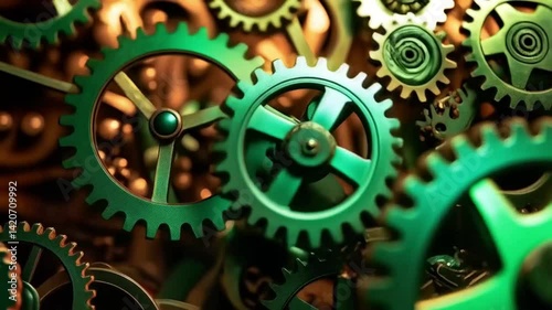 Interlocking Gears and Cogs: A Complex Mechanical System in Green and Gold
