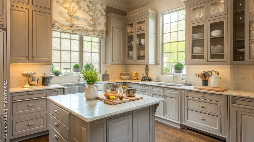 Light-filled, transitional kitchen island with gray cabinets. Light-filled, transitional kitchen island with gray cabinets.