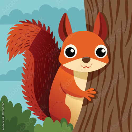 A reddish-brown squirrel with tufted ears peeks out from behind a textured tree trunk.
