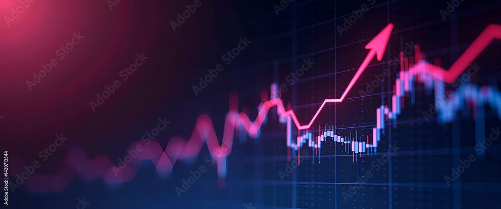 Naklejka premium Financial graph with uptrend line candlestick chart in stock market on neon color widescreen background. concept as Financial graph showing uptrend line with candlestick chart in stock market set on n