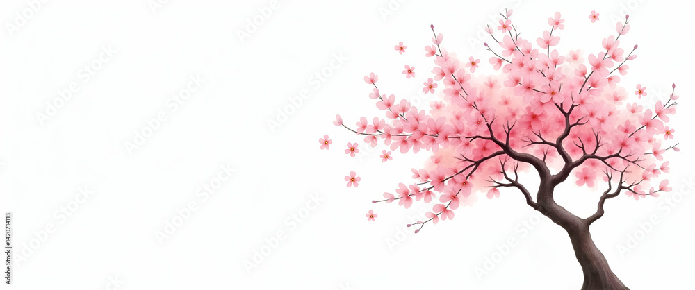 Fototapeta premium Elegant Watercolor Painting of a Single Cherry Blossom Tree in Full Bloom on White Background - Isolated Art Concept with Empty Space for Text or Design