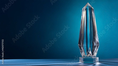 A tall, clear glass object sits on a blue background