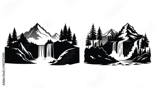 Vector illustration of Waterfall mountain landscape black silhouette set on white background