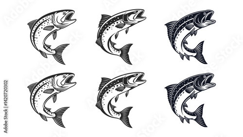 Tribal eagle tattoo design set with fish silhouette and ocean pattern art, Silhouette of a monster trout fish set