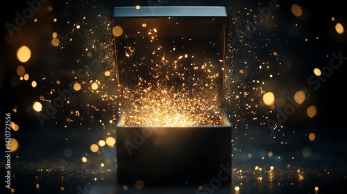 open black box releasing a burst of golden sparks and light, symbolizing mystery and magic in a captivating scene 