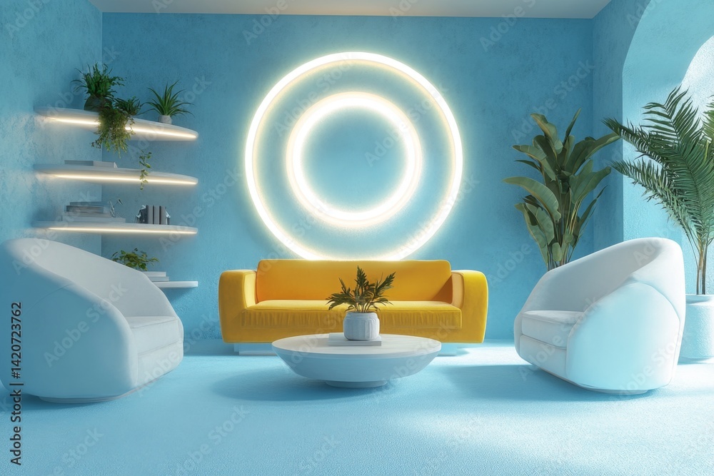 Modern, minimalist living room in vibrant light blue and soft yellow. Features an eye-catching circular neon light, comfortable seating, and stylish plant accents Modern, minimalist living room in vibrant light blue and soft yellow. Features an eye-catching circular neon light, comfortable seating, and stylish plant accents