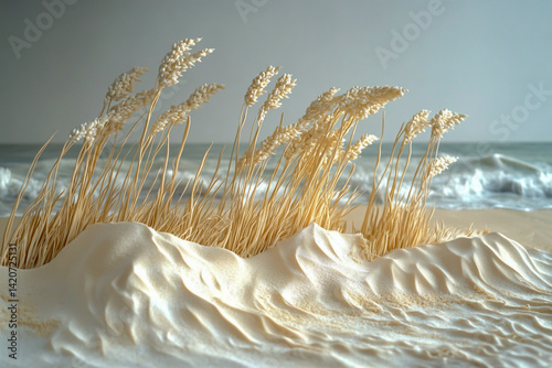Fototapeta Naklejka Na Ścianę i Meble -  Huge sand dunes sway like reeds in the wind, creating a tranquil coastal landscape as ocean waves crash onto the shore in the distant background.