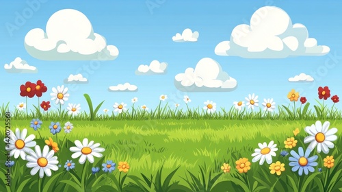 A vibrant meadow stretches beneath a clear blue sky.