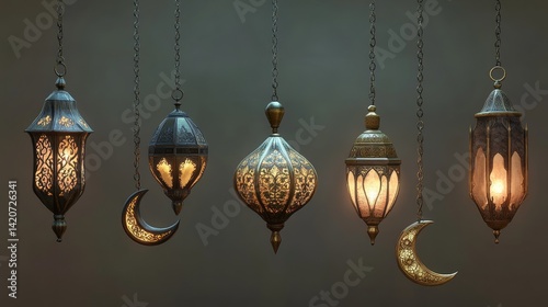 79.A realistic depiction of beautiful Muslim ornamental lamps, each one suspended from a fine chainlet, with intricate designs in gold, bronze, and black metal. The lamps feature detailed decorations