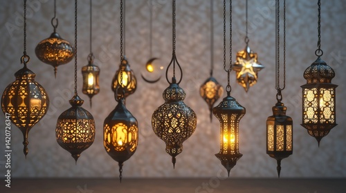 80.A collection of realistic Muslim ornamental lamps, hanging from delicate chainlets and showcasing detailed craftsmanship in gold, bronze, and black metals. The lamps are adorned with symbols of