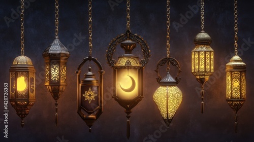 80.A collection of realistic Muslim ornamental lamps, hanging from delicate chainlets and showcasing detailed craftsmanship in gold, bronze, and black metals. The lamps are adorned with symbols of