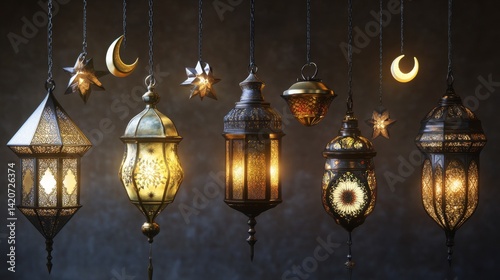 80.A collection of realistic Muslim ornamental lamps, hanging from delicate chainlets and showcasing detailed craftsmanship in gold, bronze, and black metals. The lamps are adorned with symbols of