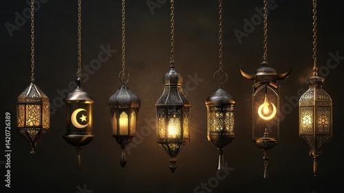 80.A collection of realistic Muslim ornamental lamps, hanging from delicate chainlets and showcasing detailed craftsmanship in gold, bronze, and black metals. The lamps are adorned with symbols of