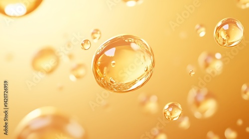 close-up of floating golden oil droplets on a smooth gradient background, highlighting elegance and simplicity