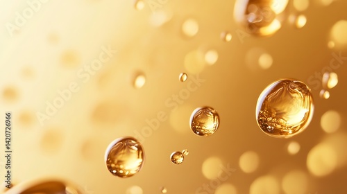 close-up of floating golden oil droplets on a smooth gradient background, highlighting elegance and simplicity