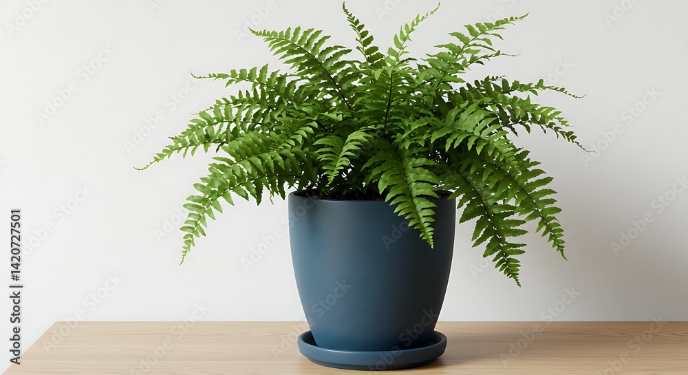 Fototapeta premium Lush Boston Fern in a Modern Blue Pot on a Wooden Surface
