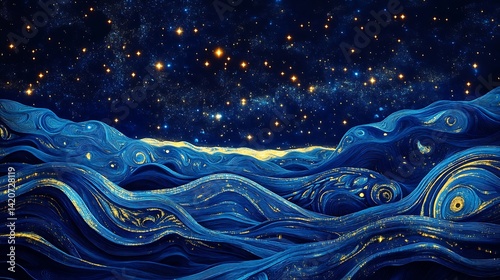 starry night sky with glowing stars above abstract blue hills and swirling designs, evoking a magical atmosphere