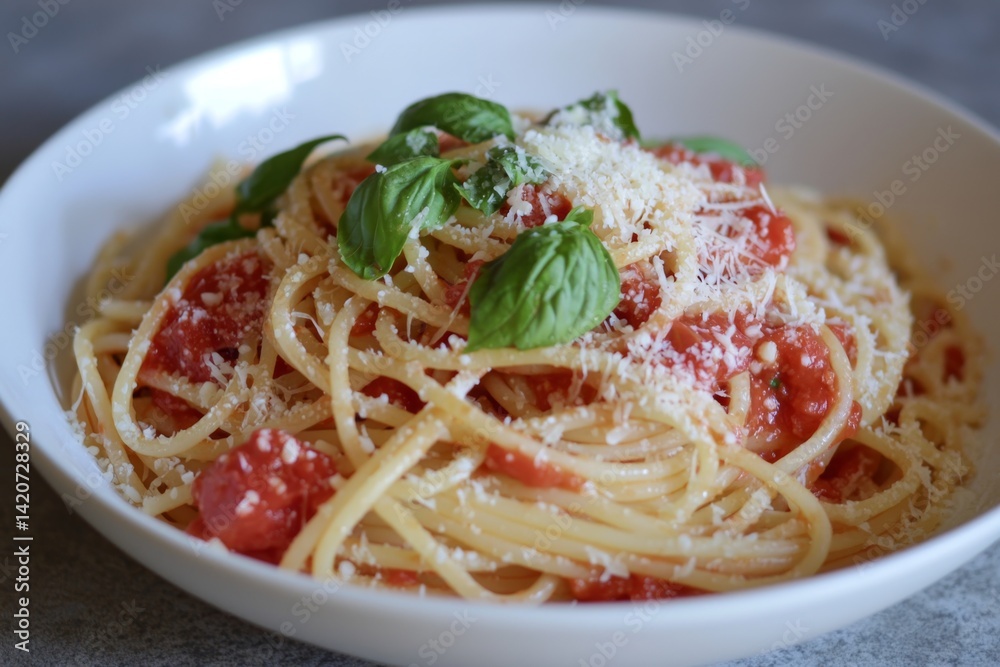 spaghetti with rich tomato sauce, topped with freshly grated parmesan and fresh basil, served in a white bowl