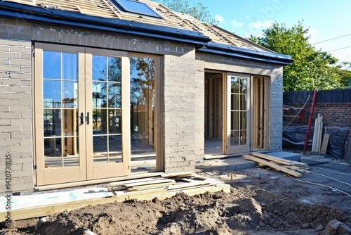 A new house under construction, featuring freshly installed doors and windows, showcasing the early stages of building with a sense of progress and potential