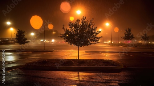 A lone tree stands resilient under heavy rain in an empty lot, reflections shimmering in dramatic light. Solitude and strength amidst nature's force.
