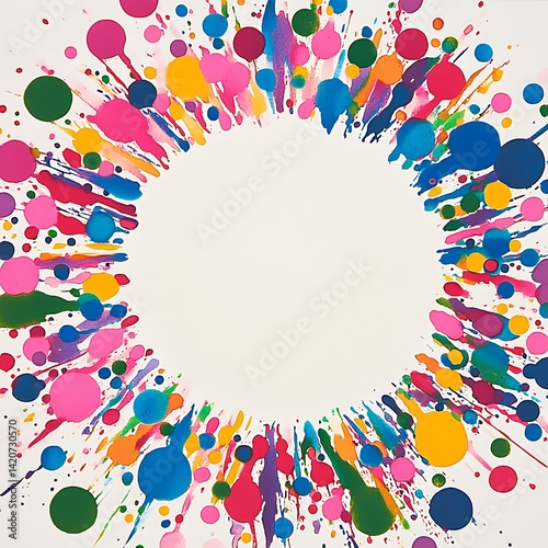 A colorful circular frame with a white center, adorned with a playful pattern of dots and shapes.