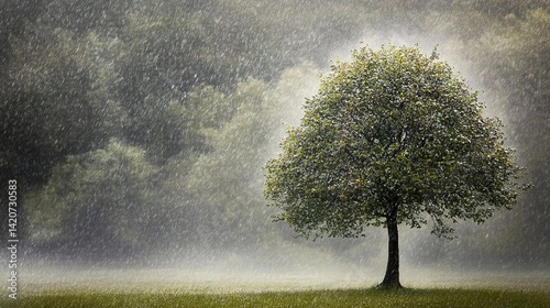 A lone tree stands resilient under heavy rain in an empty lot, reflections shimmering in dramatic light. Solitude and strength amidst nature's force.