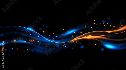 A digital background featuring glowing blue and orange dots on a dark wave, creating an abstract data flow. 