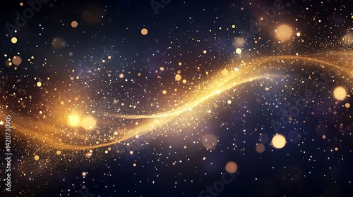 A dynamic wave-like formation of golden and blue particles, interspersed with sparkling bright light dots, set against a dark background.