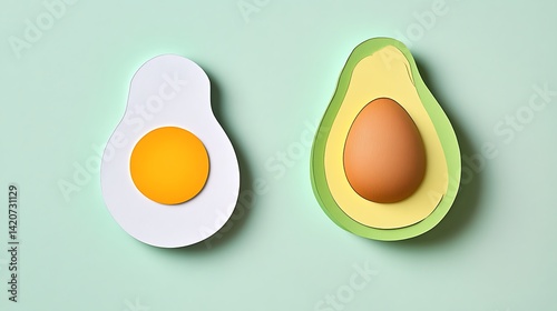 A minimalist and colorful design featuring an avocado and egg, capturing the essence of a healthy breakfast or snack. 